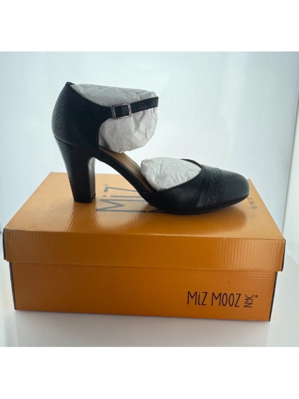 Miz Mooz Black Leather Mary Jane Block Heel with Ankle Strap
